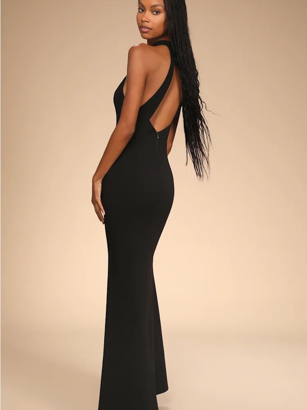 Lulus Black Halter Mermaid Maxi Dress M Open Back Fitted Formal Wedding Guest